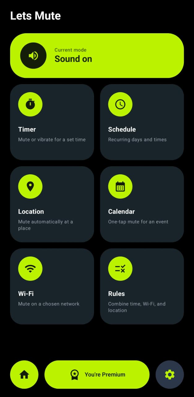 Lets Mute home screen showing Timer, Schedule, Location, Calendar, Wi-Fi and Rules tiles